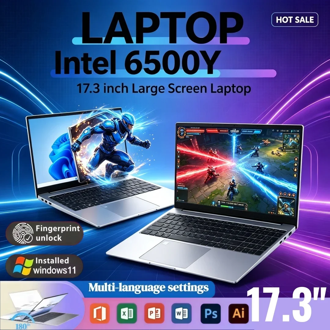 Large Screen Laptop Intel 6500Y 17.3 Inch Powerful Office Study Slim 2026 16GB/32GB RAM Windows11 1TB/2TB Big SSD