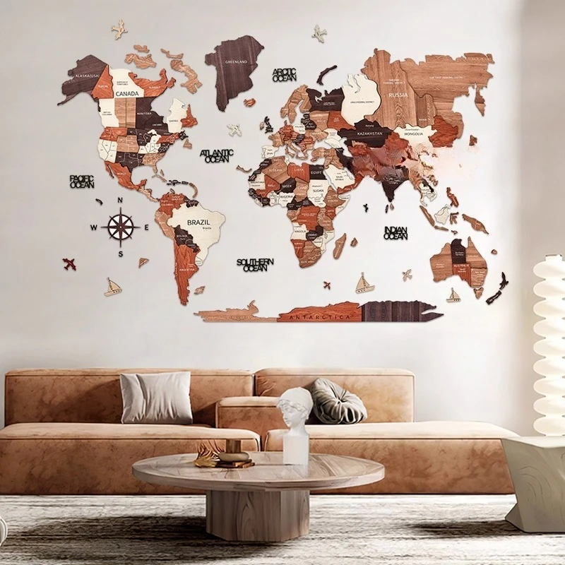 Solid wood world map wall decoration 3D three-dimensional map splicing wall hanging Nordic wall decoration simple painting view 5
