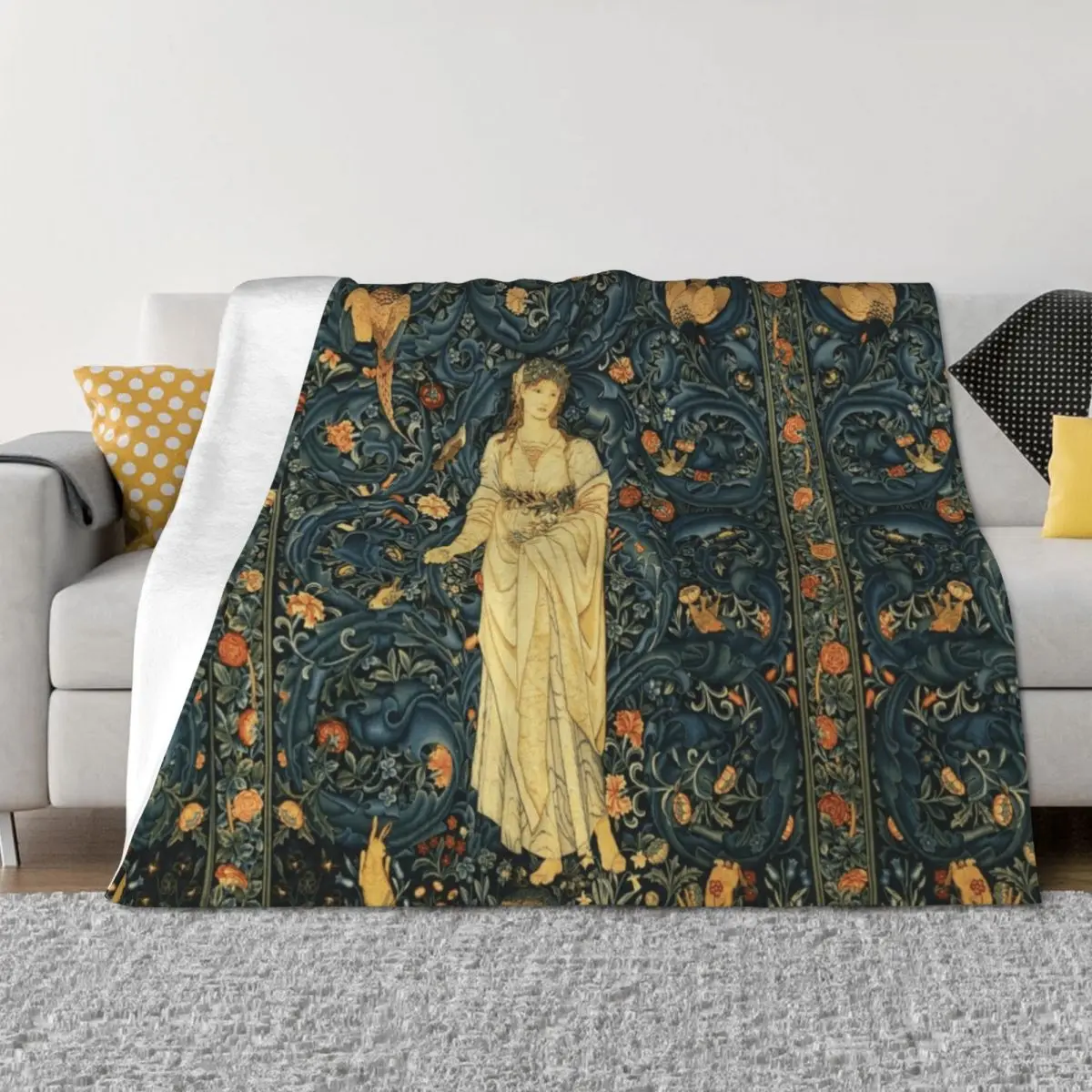 

LADY FLORA, GREENERY, FOREST ANIMALS ,BIRDS ,RABBITS Blue Green Floral Tapestry Throw Blanket For Decorative Sofa Loose Blankets