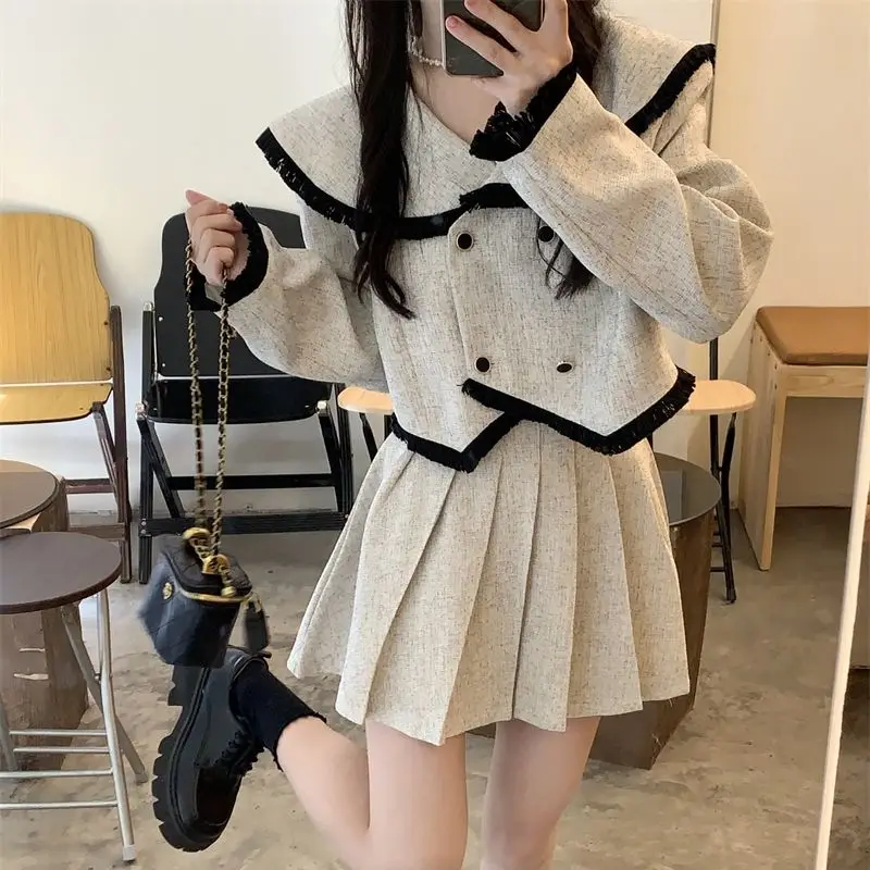 Blazer Skirts Suit Women Korean Style Sweet Cute Long Sleeve Navy Collar Short Top A-line Mini Pleated Skirt Y2k Casual Outfits