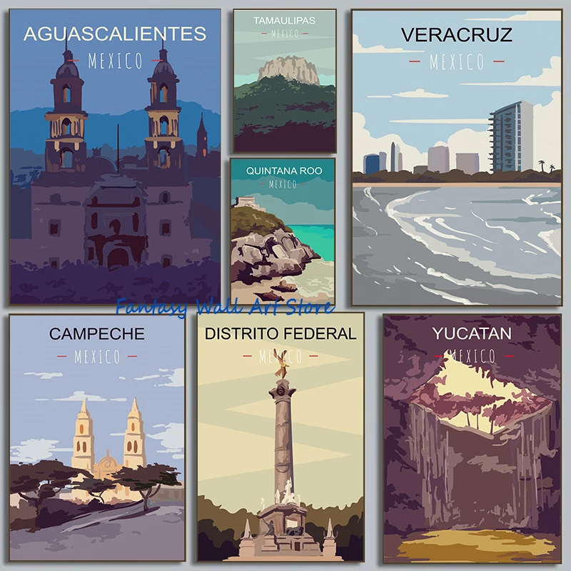 Paisaje de viaje de México, póster de arte abstracto de Durango Campeche Sonora Queretaro, pintura en lienzo, cuadro de pared, decoración del hogar