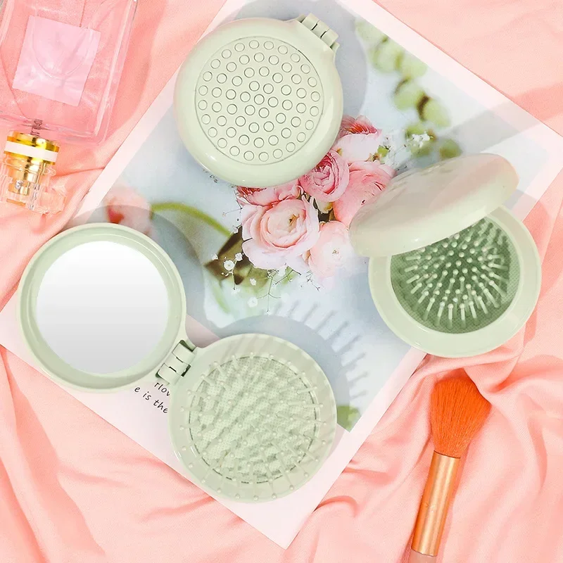 Foldable Air Cushion Comb with Mirror Compact & Portable Travel Mini  Massage Hair Brush for Women Student Girl Round Cute