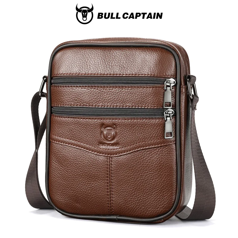 BULLCAPTAIN Men's Shoulder Bag Genuine Leather Casual Business Leather Bag Multifunctional 7.9-inch Flat Panel Postman Bag