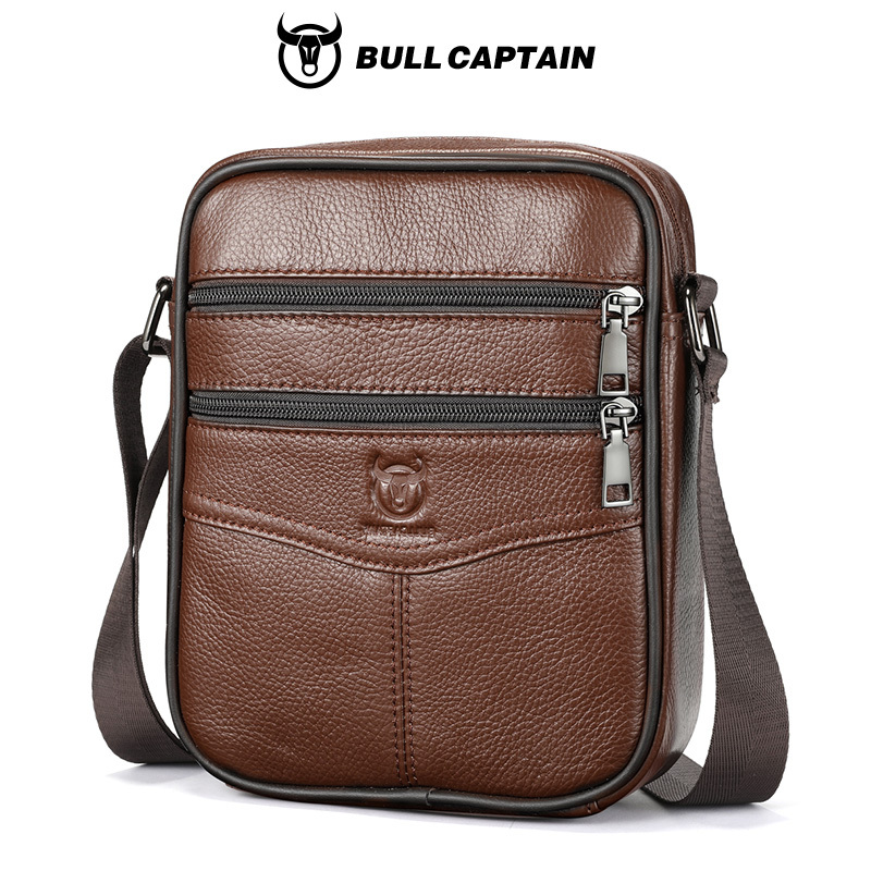  BULLCAPTAIN Men's Shoulder Bag Genuine Leather Casual Business Leather Bag Multifunctional 7.9-inch Flat Panel Postman Bag 