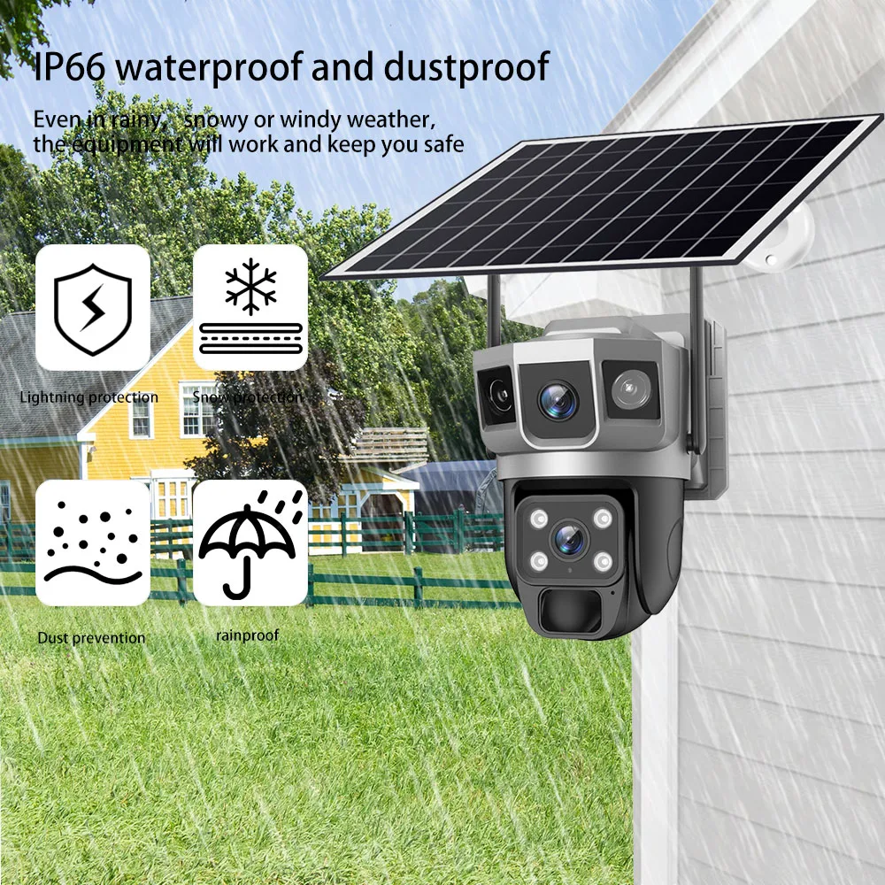 12MP Solar IP Camera WIFI CCTV Dual Lens Triple Screen PTZ Auto Tracking 6K Security Surveillance V380 Pro Camera