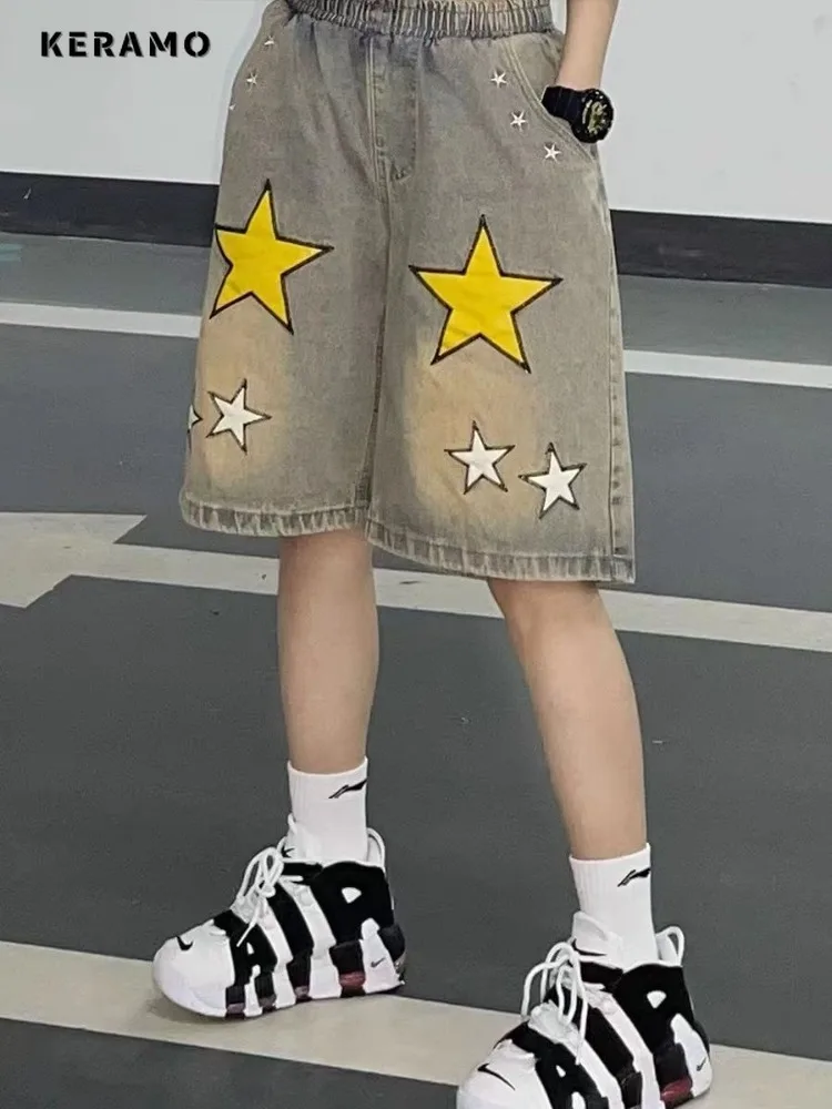 Shorts estrelas largas de cintura alta para mulheres, shorts jeans, streetwear até os joelhos, solto, casual, estilo de rua, Harajuku, verão, Y2K, 2022