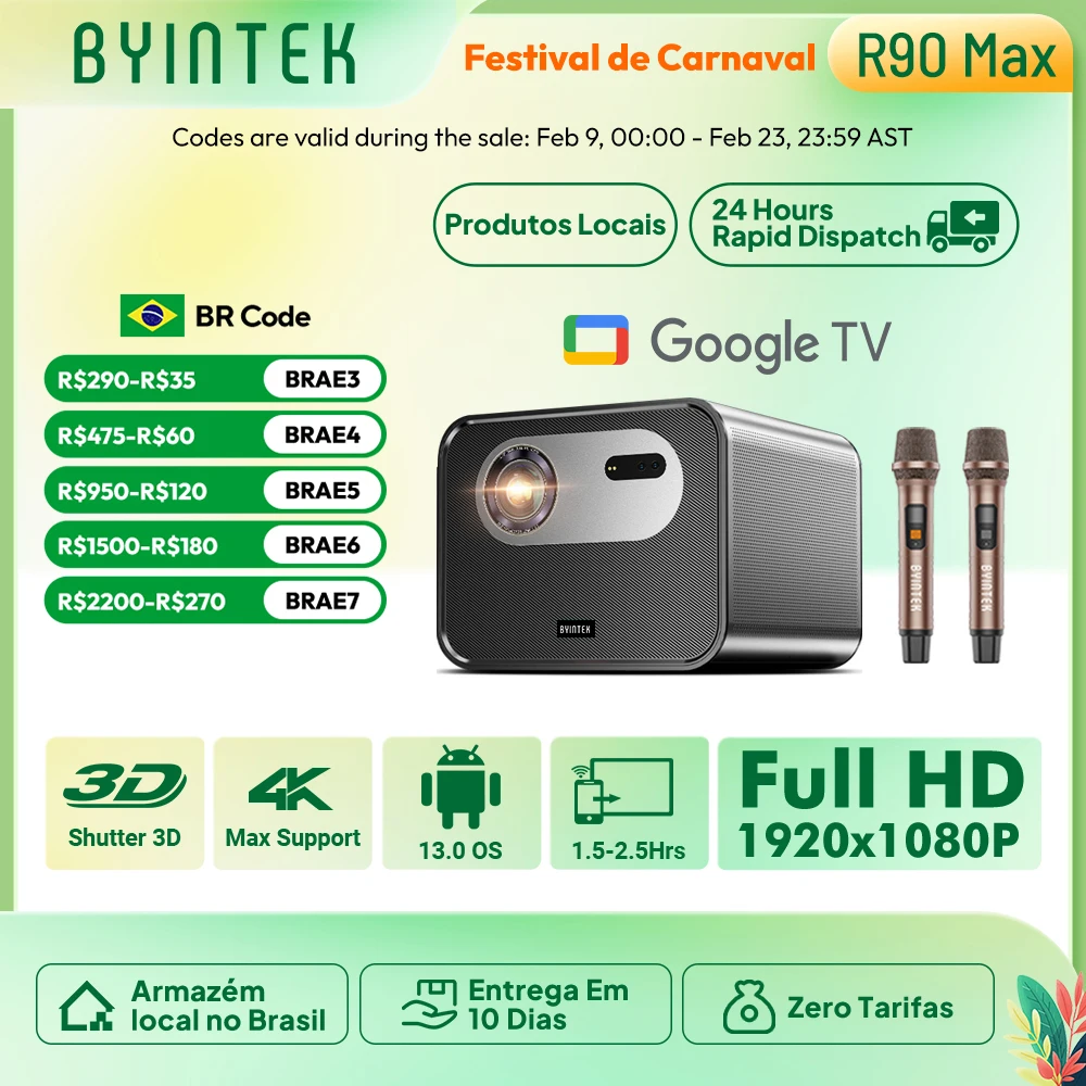 

BYINTEK R90 Max Full HD 1080P Проектор 4K DLP 2200 ANSI Люмен Android TV 11.0 3D 4K Поддерживаемый проектор для умного домашнего кинотеатра