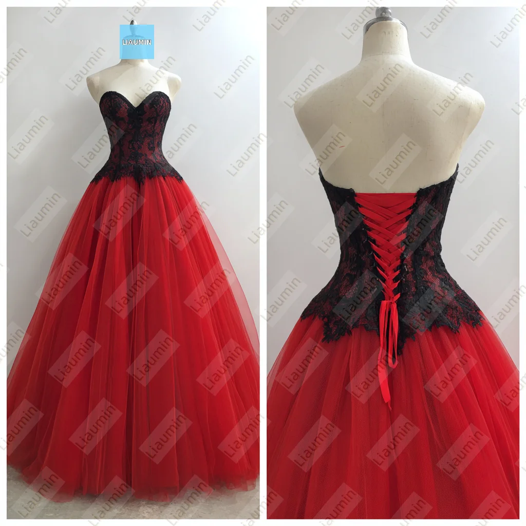 

Red and Black Lace Applique Strapless Floor Length Evening Prom Wedding Formal Dress Lace-up Back Customized Hand Made A7-1.81