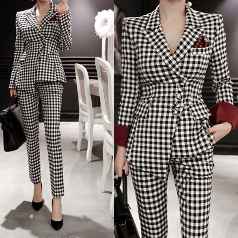 Women Slim Fit Plaid Blazer Suit Set Casual Office Lady Single Button Elegant Blaiser Mujer 2022 New Houndstooth Blazerpants