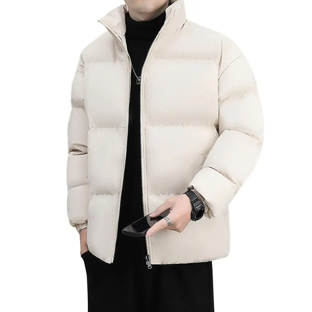 Men Cotton Coat Thickened Padded Windoroof Heat Retention Solid Color Long Sleeve Stand Collar Neck Protection Pockets Jacket