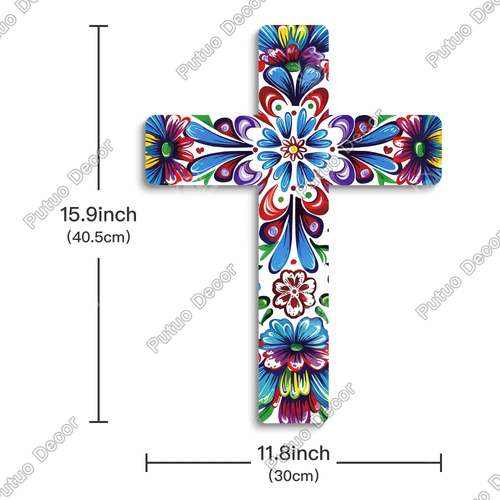 Putuo Decor Mexican Flower Pattern Wooden Wall Decor, Day of the Dead Decorative Wooden Wall Mounted Home Cross