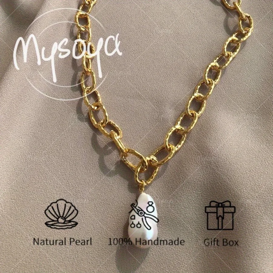 

MYSOYA Baroque Pendant Chain Necklace 13-15mm Pearl with Gift Box Birthday Gift Wedding Jewelry Gift for Him/ Her