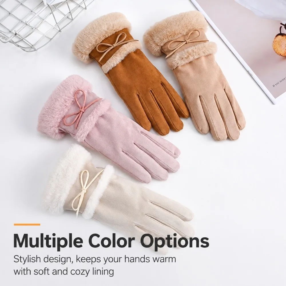 Cute Bow Winter Suede Gloves Velvet Thick Pu Leather Gloves Soft Touch Screen Women Cycling Mittens Outdoor