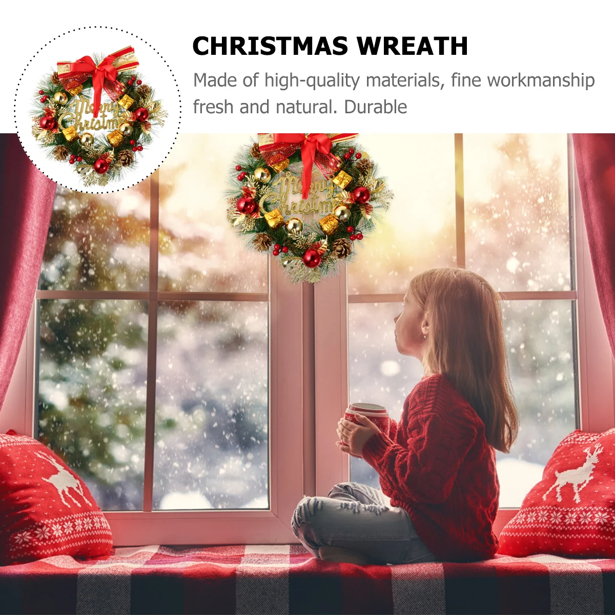 

1 pc Christmas Wreath Simulation Flower Decor Hanging Garland Wall Ornament Red Party Supplies Xmas Decoration Indoor Outdoor