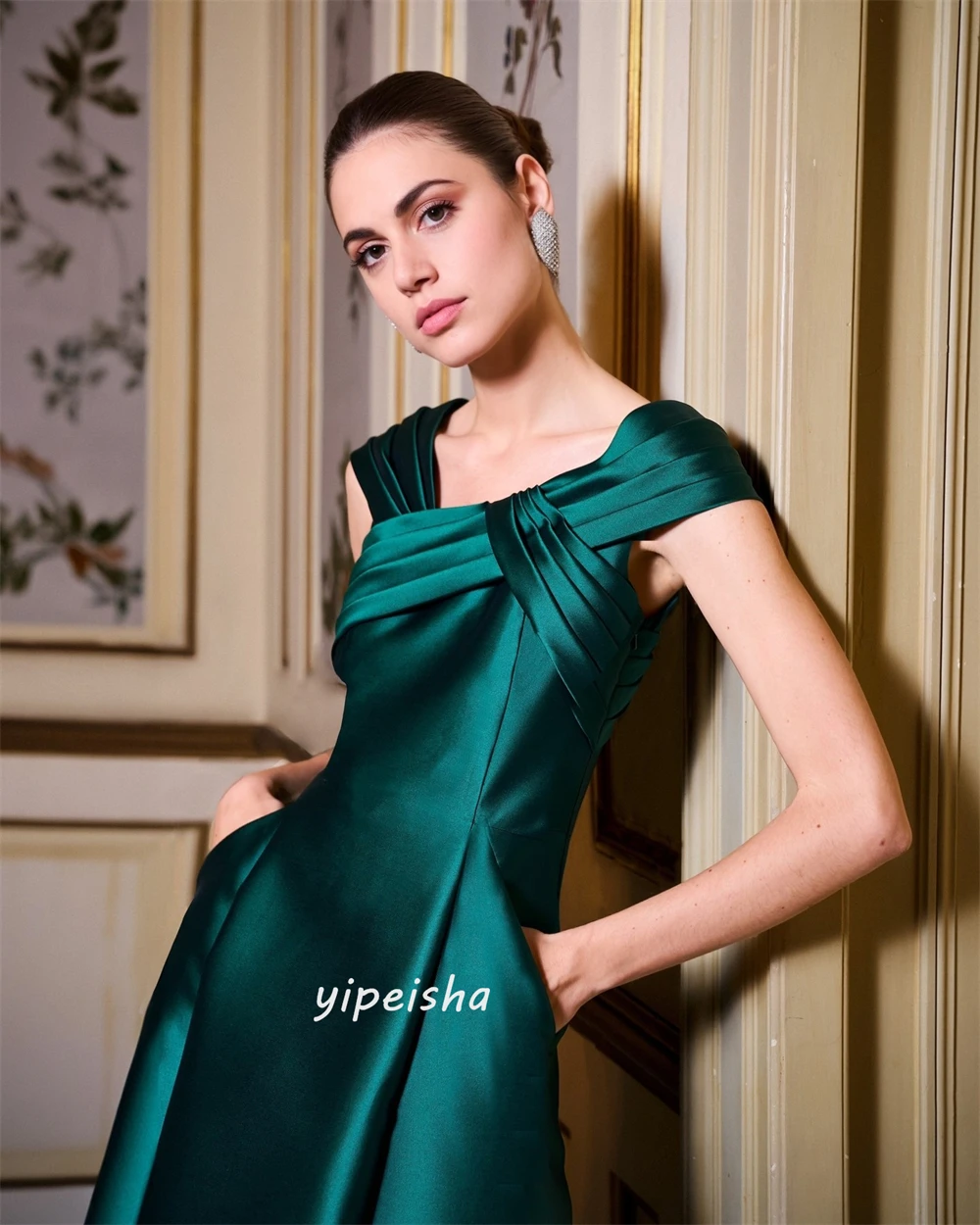 Jiayigong  Simple Modern Style Formal Evening V-Neck A-line Pleat Floor-Length Satin Bespoke Occasion Dresses