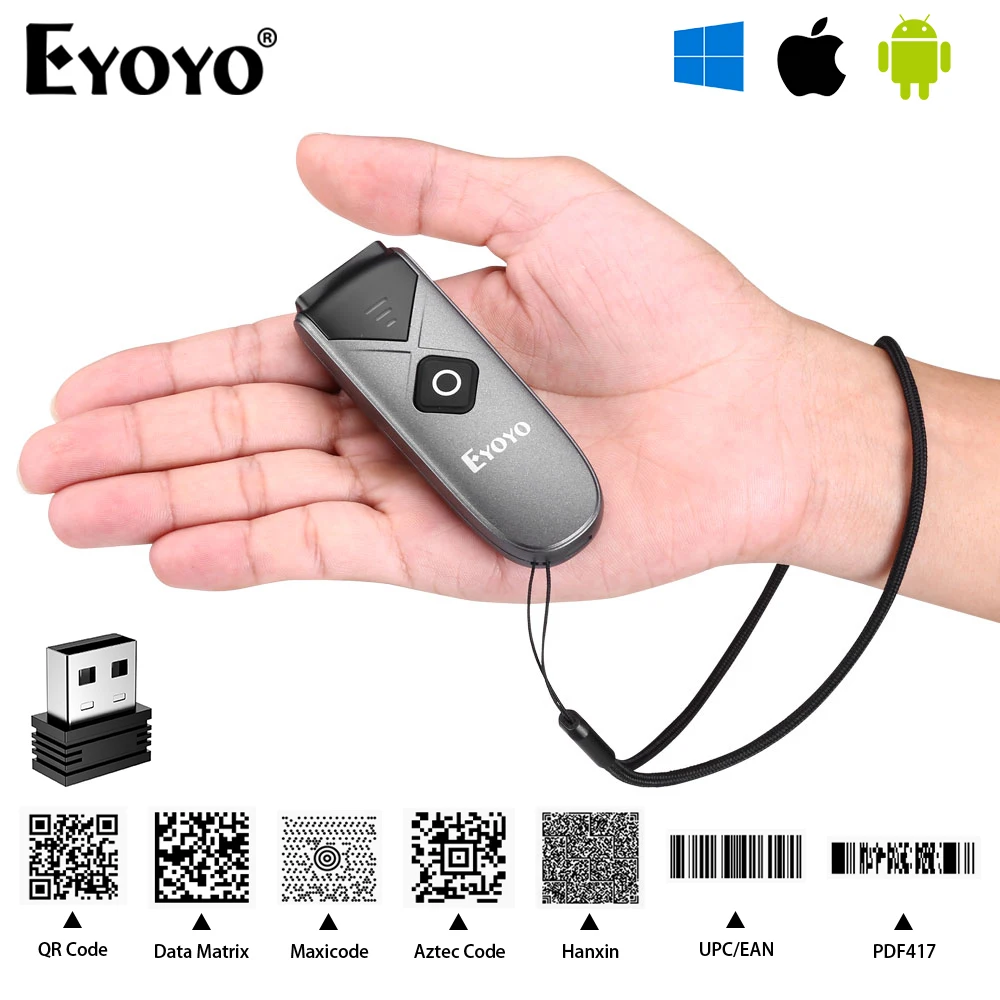 Eyoyo Mini 휴대용 1D 2D Bluetooth 바코드 스캐너 QR 코드 화면 이미지 리더 PDF417 데이터 매트릭스 COM 스캔 USB 유선 및 2.4G 무선 연결 스캔, 블루투스무선스캐너 