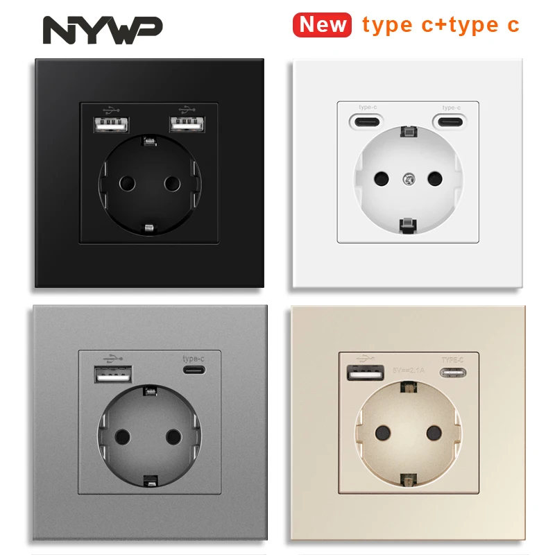 Plugue usb de parede nywp, muitos novos painéis de estilo, tomada de sala, ac 110v-250v 16a embutido na parede, plugue usb duplo padrão da ue