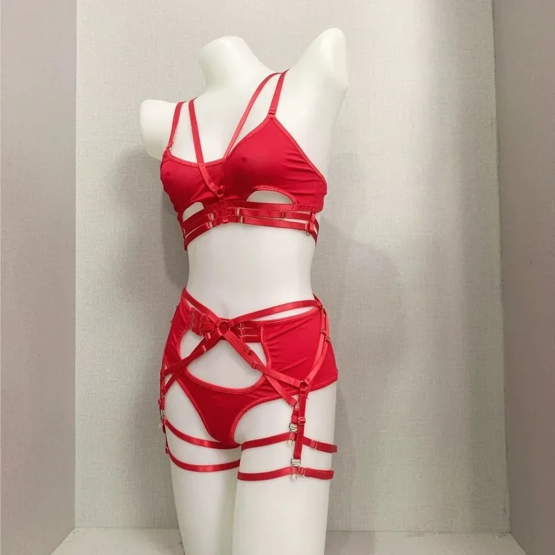 Ensemble de lingerie sexy bondage à bretelles rouges pour femmes, multi-pièces fendues, anneau non en acier avec anneau de jambe, soutien-gorge réglable, nouveau