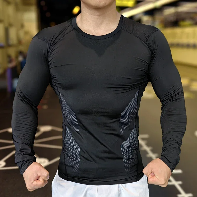 

Men Fitness Clothes Long-Sleeved Sports Quick-Dry Breathable Bottom Shirt High Elasticity Compression Clothing Training Tops