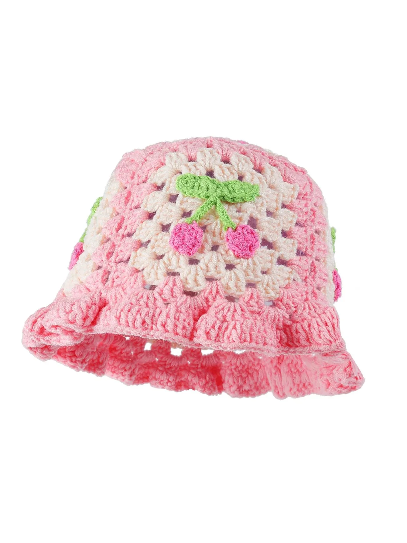 Crochet Bucket Hat for Women Handmade Cherry Floral Knitted Beanies Girl Elastic Cute Panama Beach Hat for Vacation Traveling