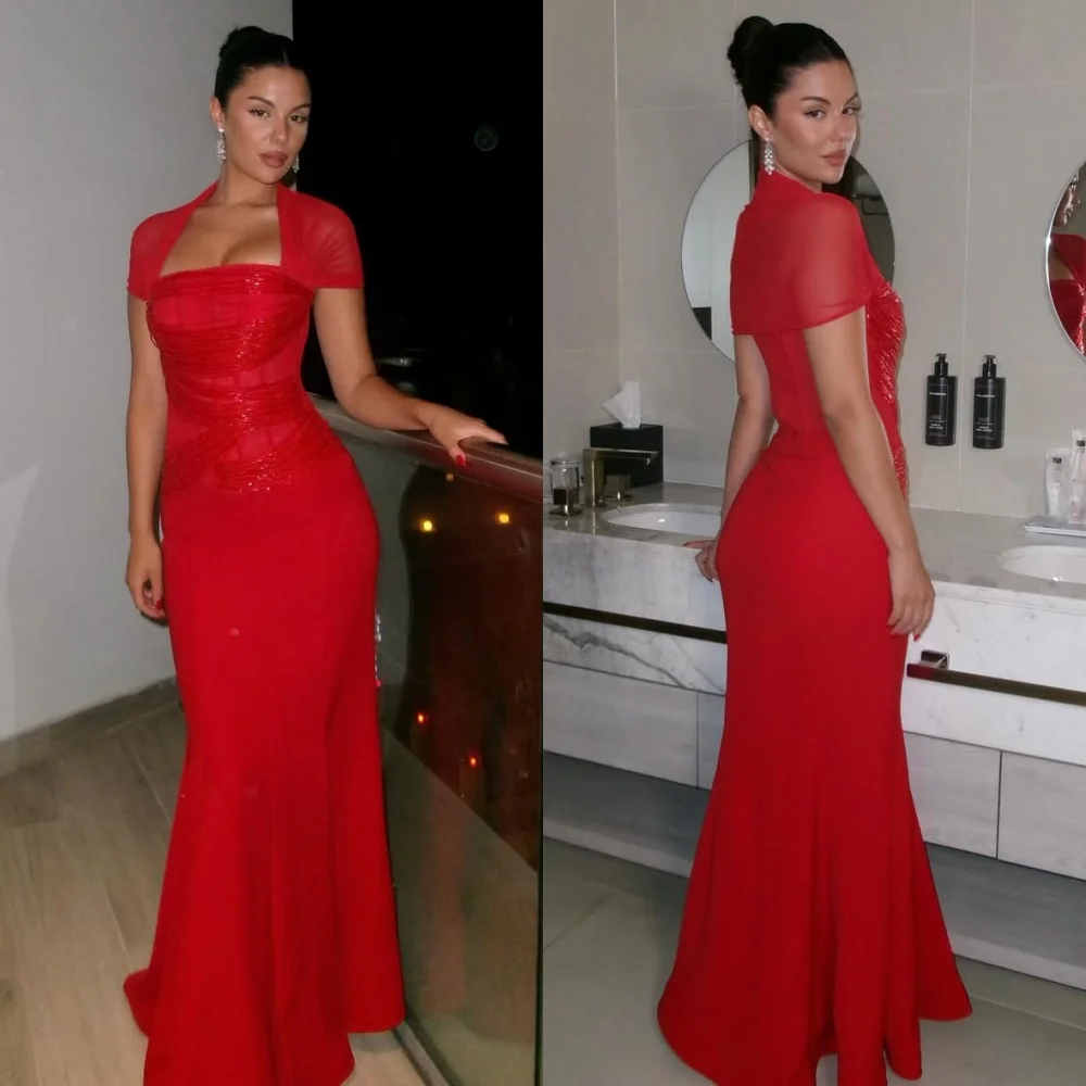 

Customized High Quality Fashion Jersey Pleat Mermaid Square Neck Long Dresses Bespoke Occasion Dresses Modern Style Matching
