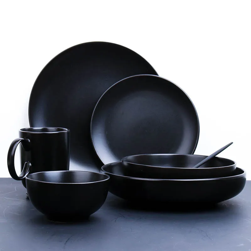 

Solid color Western style matte ceramic tableware household breakfast milk cup deep soup plate steak plate pure black set