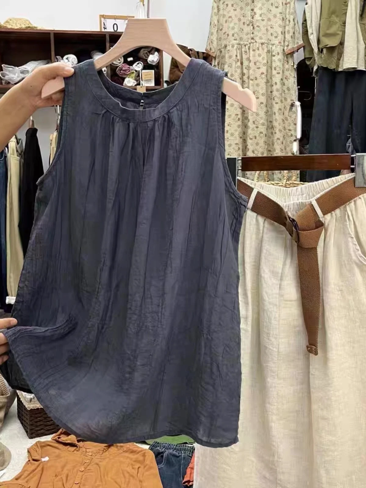 

Свободный хлопковый льняной топ без рукавов, женская летняя модная повседневная одежда, домашний удобный круглый жилет, одежда больших размеров