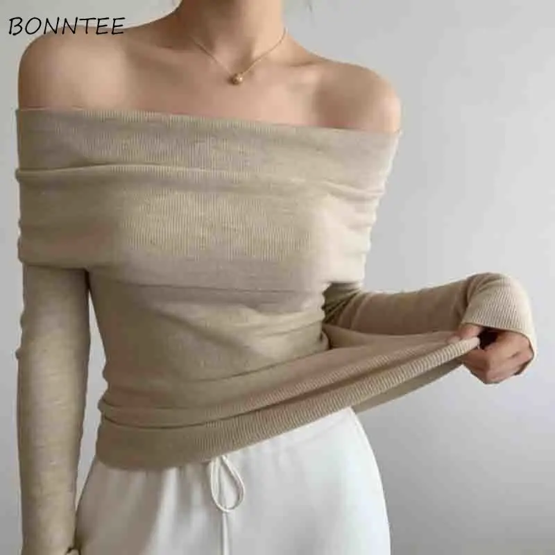 

Женский сексуальный свитер с открытыми плечами и вырезом-лодочкой, тонкий, облегающий, с подчеркнутой талией, базовый, универсальный, уютный, элегантный, для осени и зимы