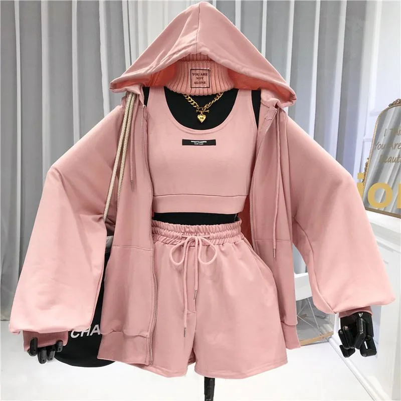 

Women Sports Suit Fashion Casual Fitness Running 3-piece Set Camisole Vest Long-sleeved Jacket Hoodie + Loose Shorts Sportswear