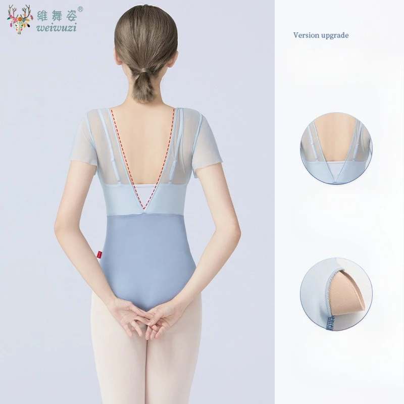 Justaucorps de Ballet pour femmes justaucorps de danse en Nylon épissé à manches courtes plis body de Ballet adulte faux justaucorps de gymnastique deux pièces