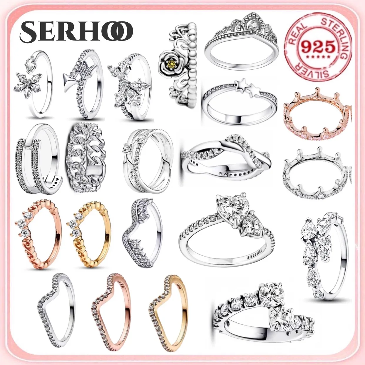 

Real 925% sterling silver crown heart-shaped flower wing zircon sparkling zircon ring for women's fine jewelry anniversary gift