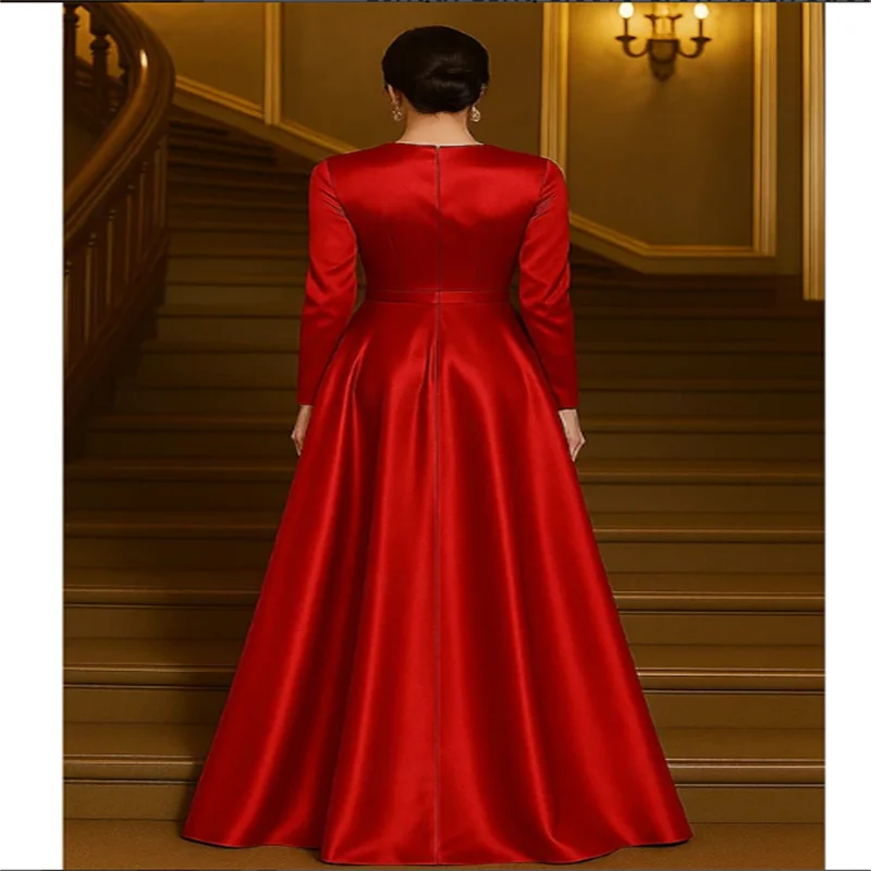 Abito da sera rosso a trapezio Abito formale elegante Matrimonio formale Lunghezza pavimento Manica lunga Girocollo Raso elasticizzato con fiori a spalla