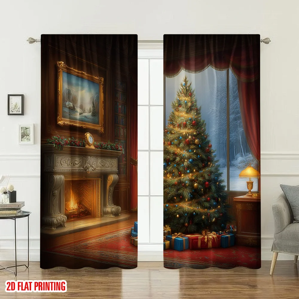 2 قطعة 2D الطباعة المسطحة عيد ميلاد سعيد الستائر مريحة شجرة عيد الميلاد الموقد الرقمية المطبوعة البوليستر الستائر الربيع استخدام ل #6