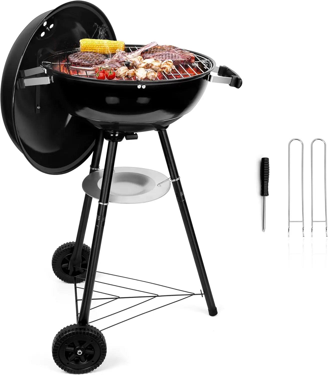 

18 Inch Charcoal Grill, Black Kettle Outdoor Barbecue Grill, 2-In-1 Portable BBQ Grill with Wheels for Camping Backyard