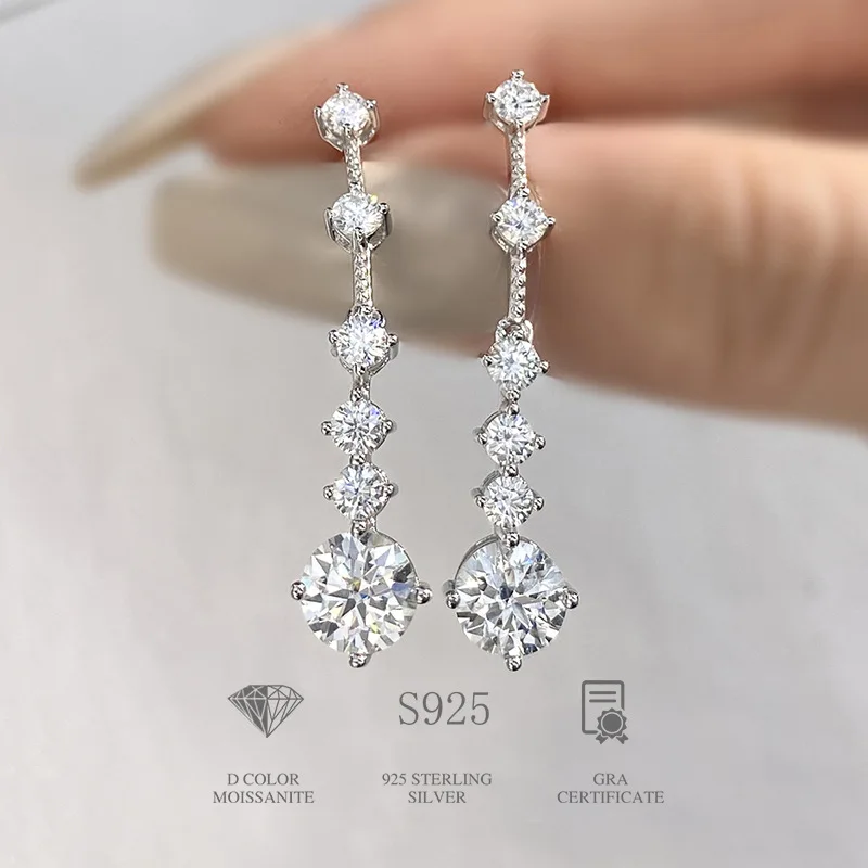 S925 Rhodium Plated Silver 2CT D Color Moissanite Long Fringe Star Drop Ear Studs for Women, Exquisite Jewelry