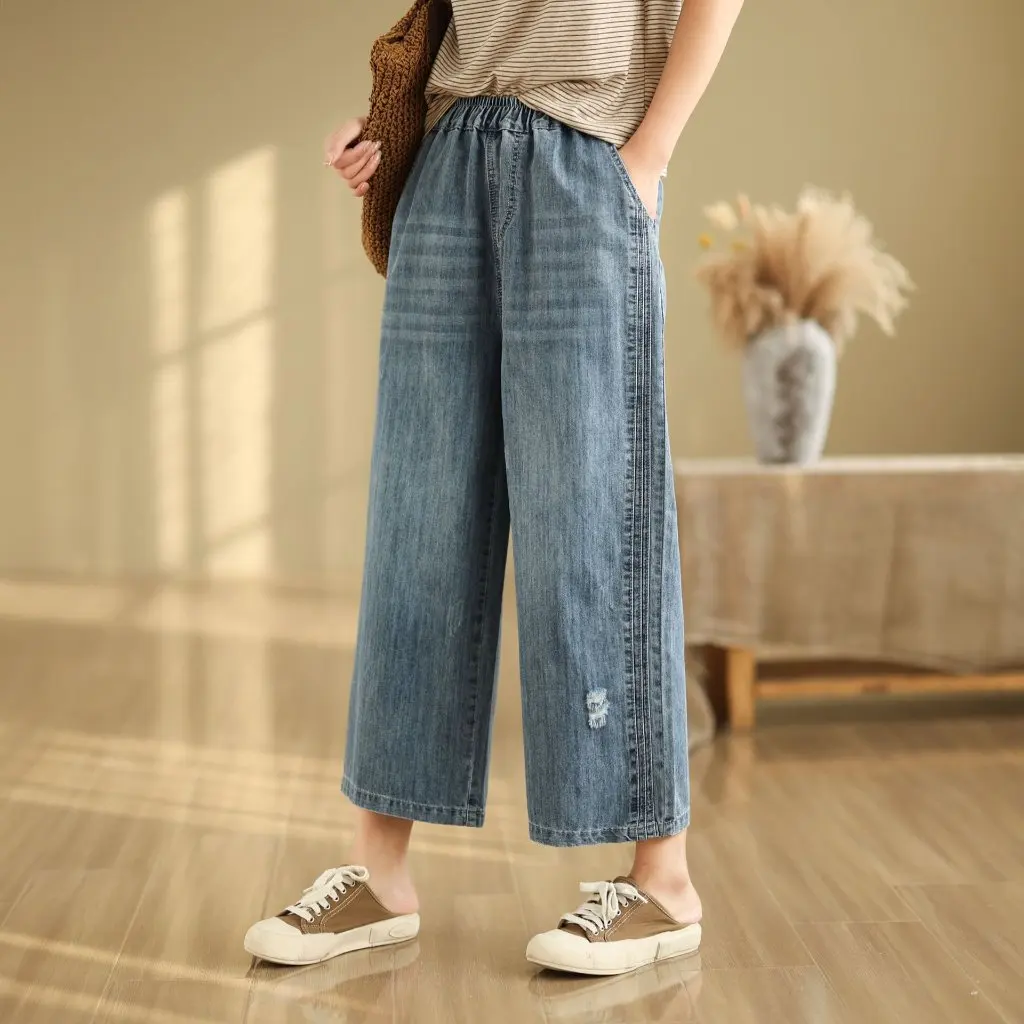 

Женские широкие брюки с высокой талией, весна-лето, новые хлопковые джинсы с девятью точками и вышивкой, свободные прямые повседневные джинсы с необработанными краями