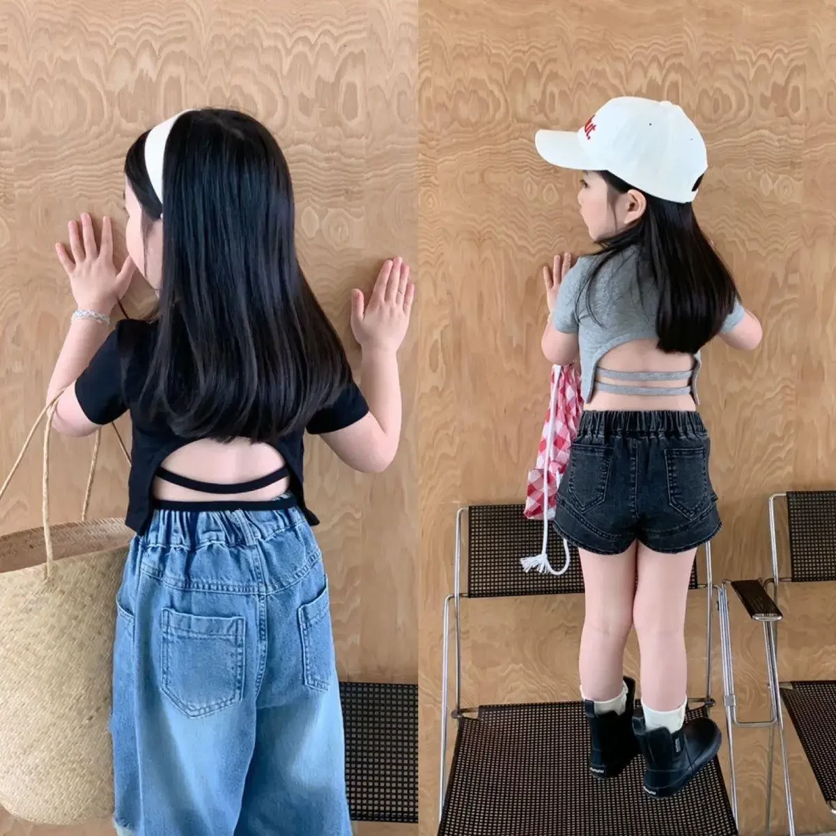 Korean children's clothing 2023 summer new small and medium-sized girl open back top hollowed out T-shirt short short sleeved