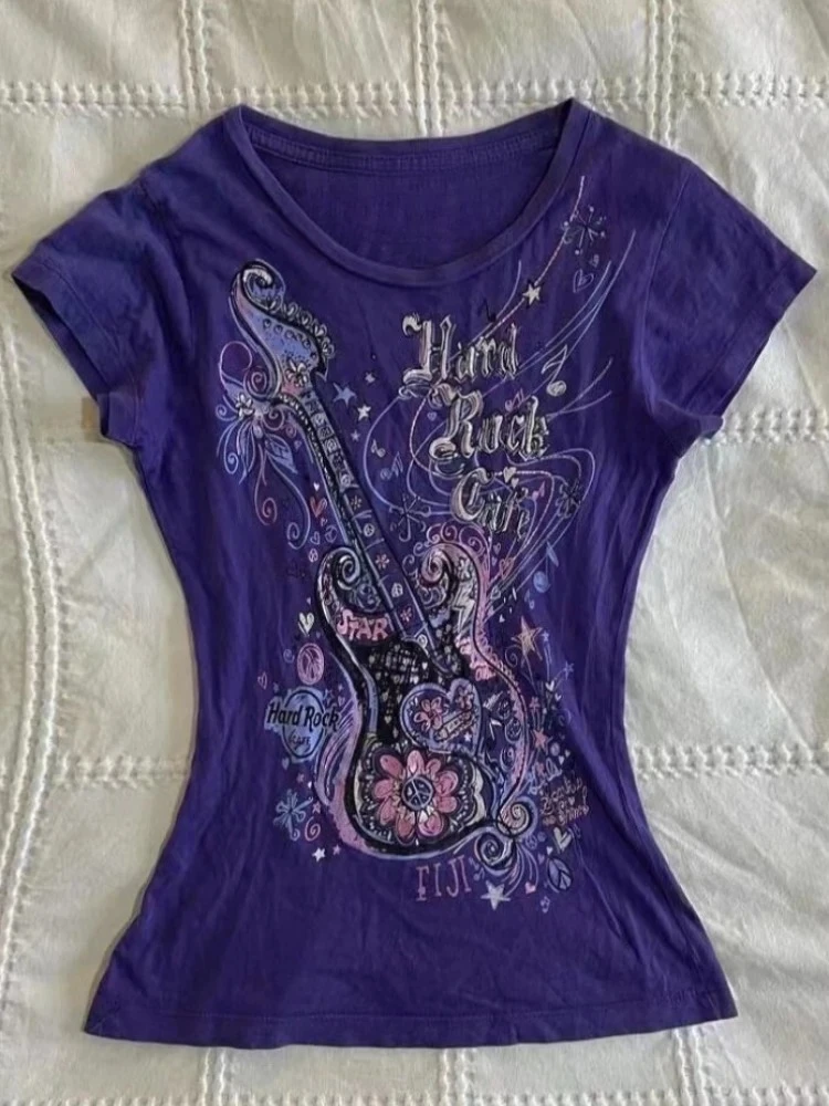 Women's Subculture Vintage Purple Print T-Shirt Summer Y2k American Retro Slim Tees Casual Harajuku Grunge Fashion Tops New image 2