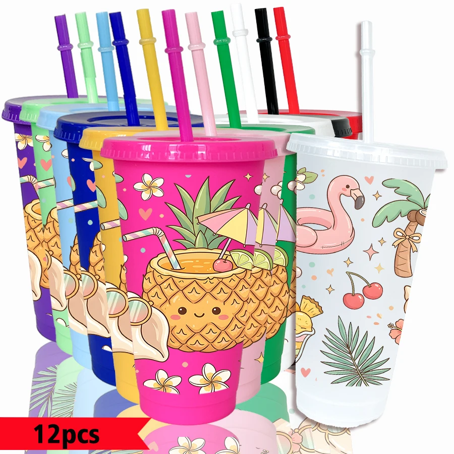 12pcs/pack Pineapple Flowers Flamingo Pattern 26oz Colored Plastic Party Cold Drink for Back-to-school Birthday Gift