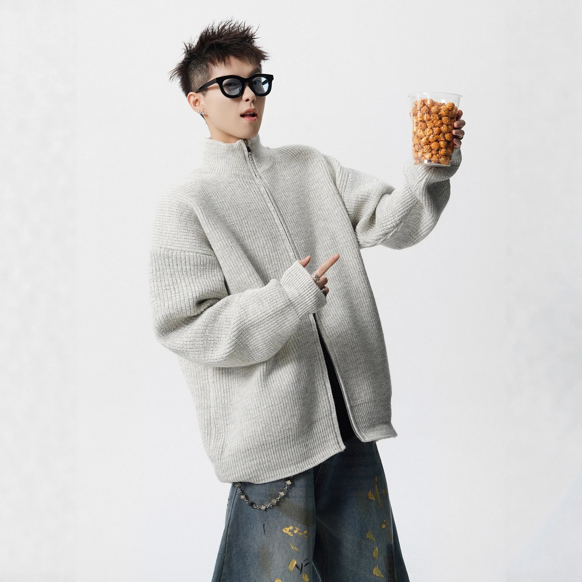 

Heavyweight Stand Collar Double Zipper Solid Color Sweater Unisex Autumn Winter Trendy Brand High-End Knitted Cardigan