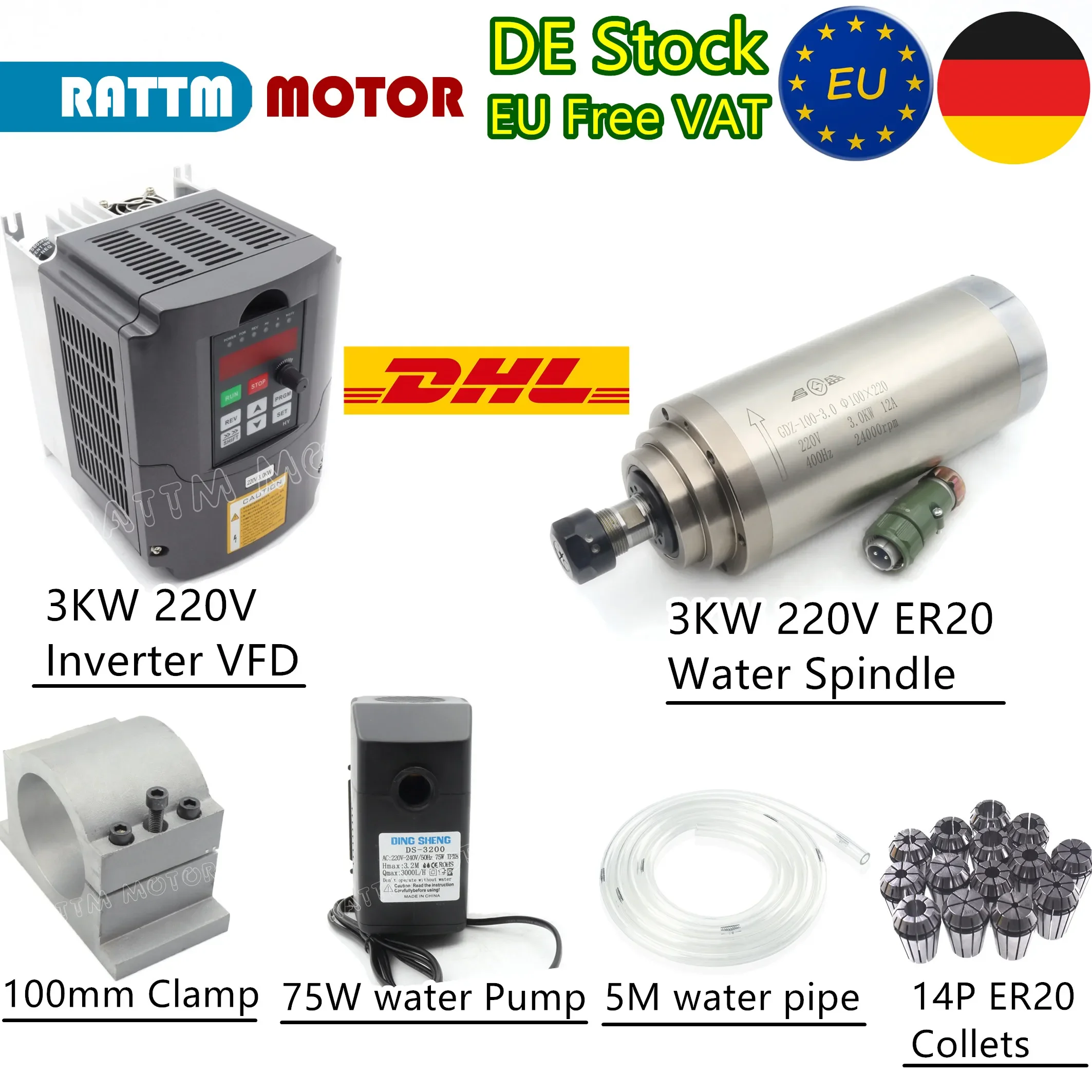 3kw ER20 Water Cooling Spindle Motor 220V 12A 24000rpm & 3KW Inverter & 100mm Bracket & 80W Water Pump & Collets CNC Set