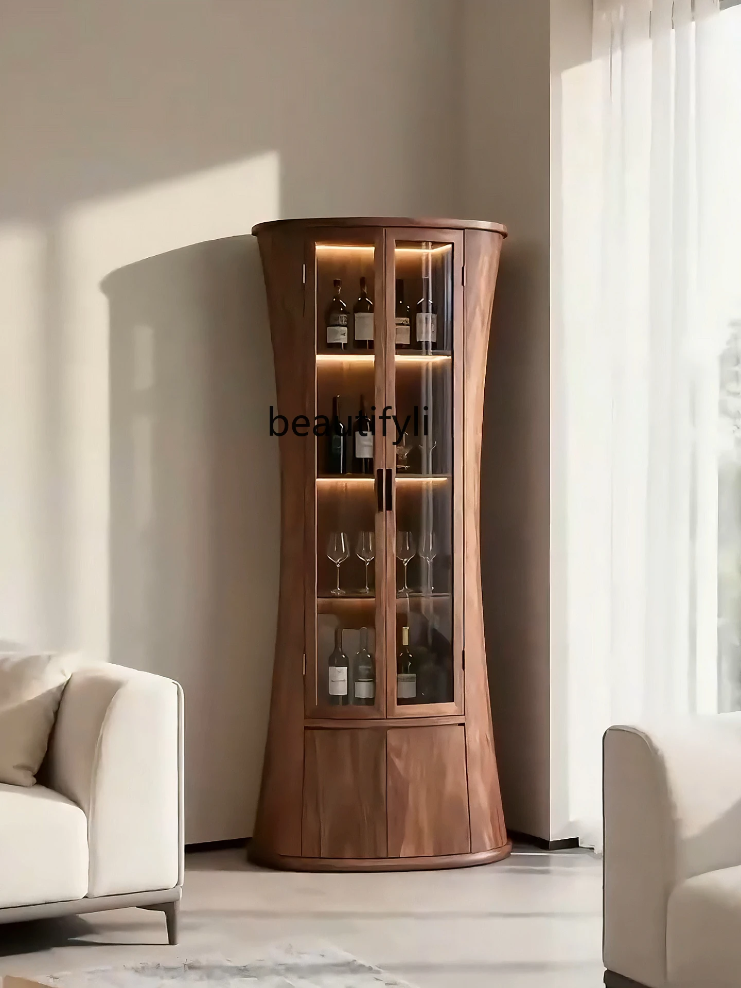 

Italian Minimalist North American Black Walnut Wine Cabinet Display Cabinet Living Room Solid Wood Glass Side Cabinet