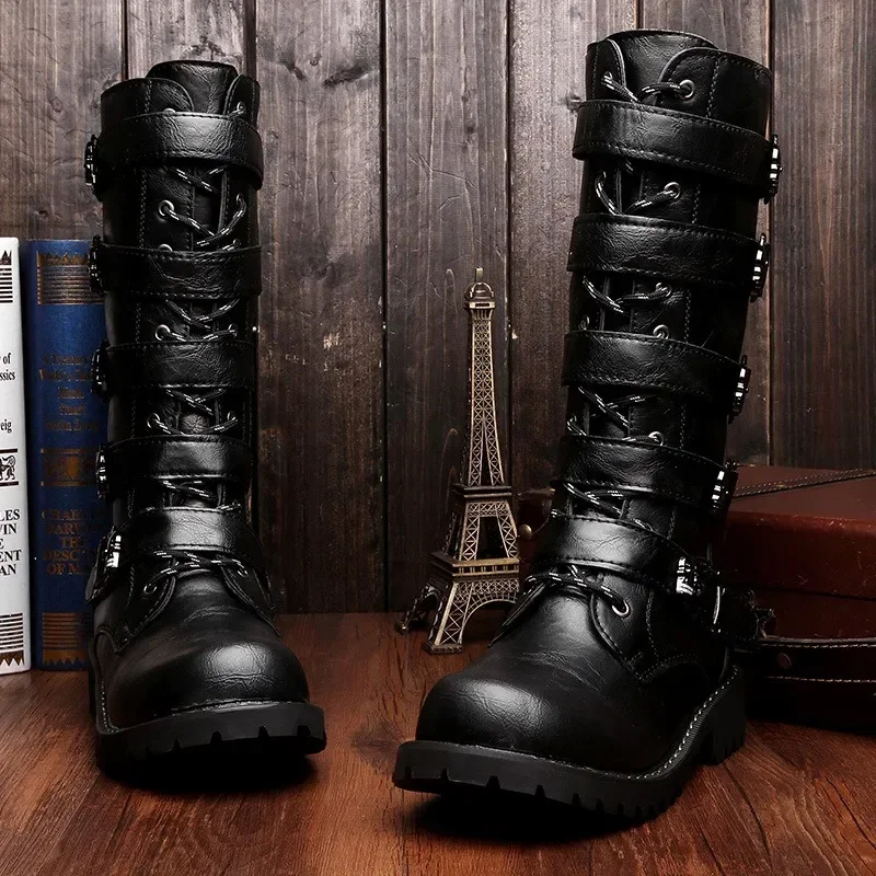 Winter Men Motorcycle Boots 2018 Fashion Mid-Calf Punk Rock Punk Shoes Mens PU Leather Black High top Casual Boot Man