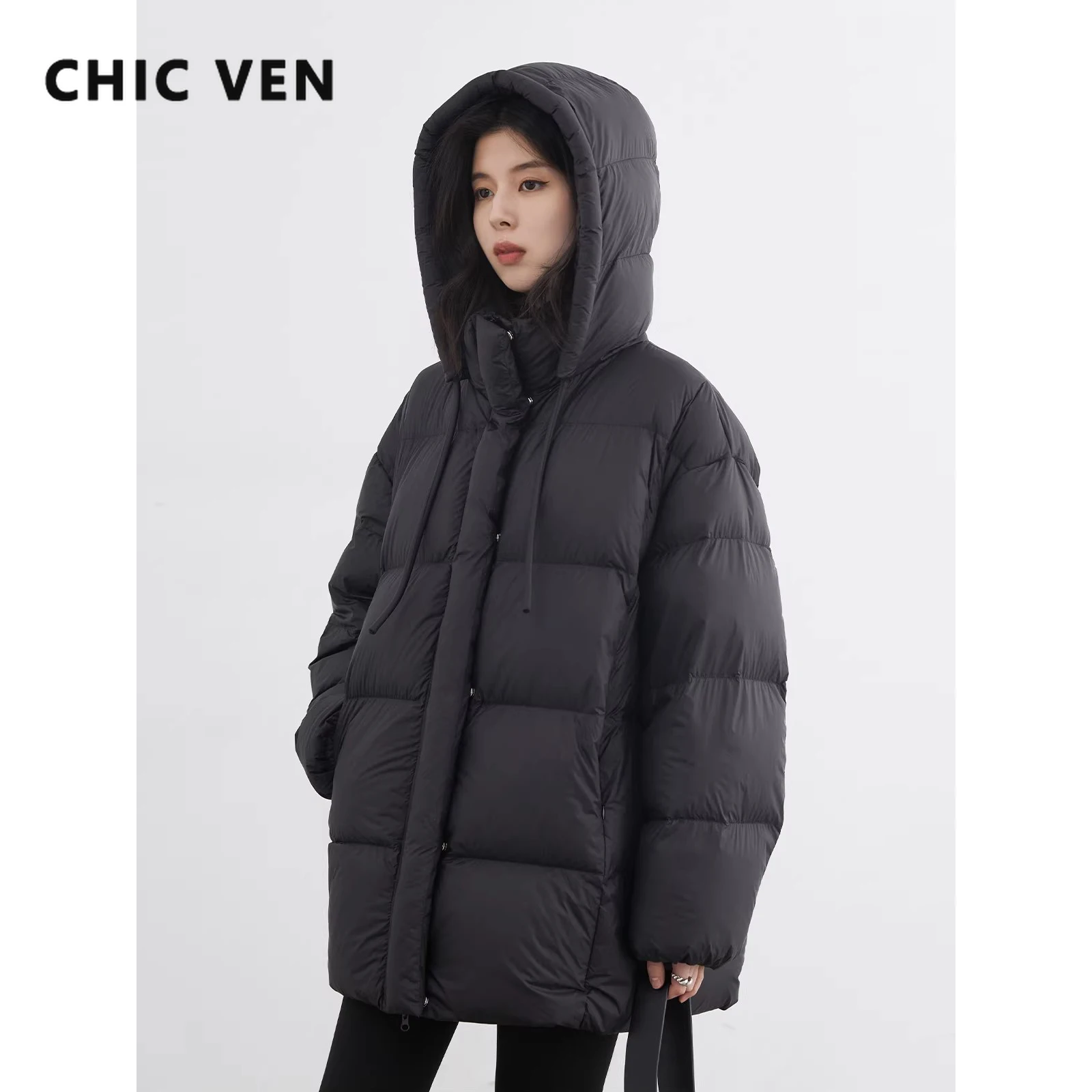 CHIC VEN Vrouwen Donsjacks Koreaanse Effen Quilt Trekkoord Capuchon 90 Witte Eendendons Jassen Vrouwelijke Kleding Herfst Winter Nieuwe 2025