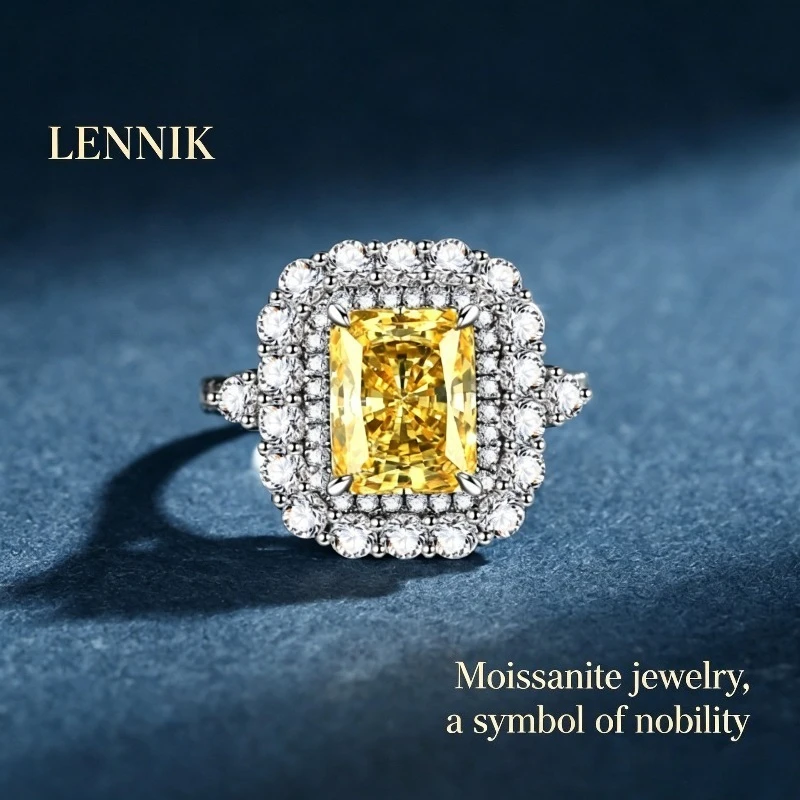 LENNIK Sterling Silver S925 Ladies Ice Flower Cut Ring Yellow Square Zircon Platinum Plated Ball Party Jewelry