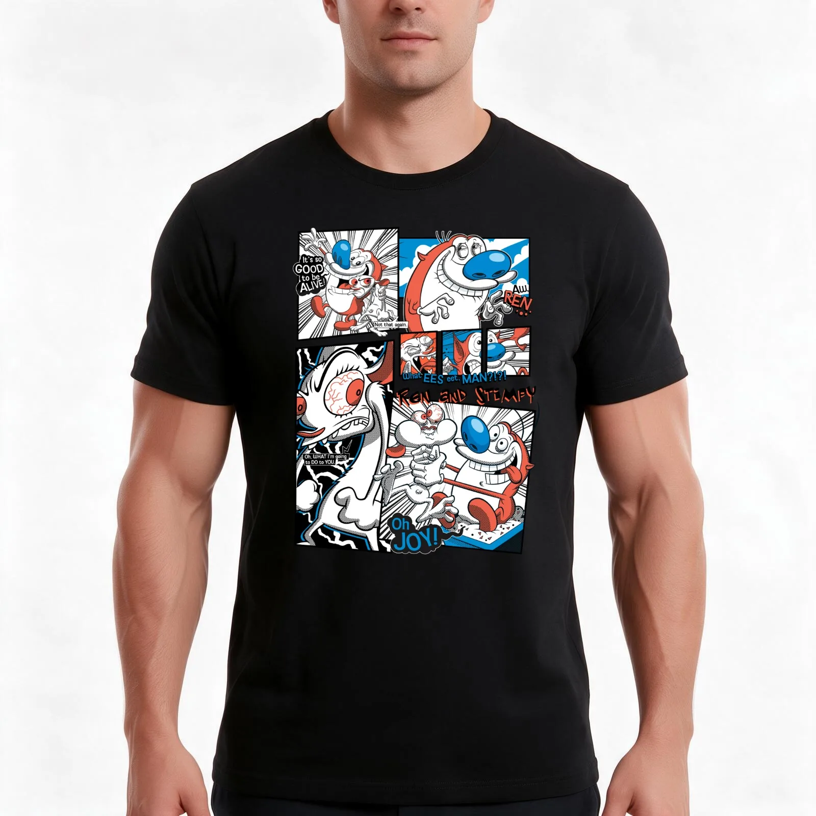 Ren and Stimpy Vintage Color Pop Comic Strip Poster T-Shirt Summer Casual Cotton Tee Oversized Streetwear Tops 100% Cotton