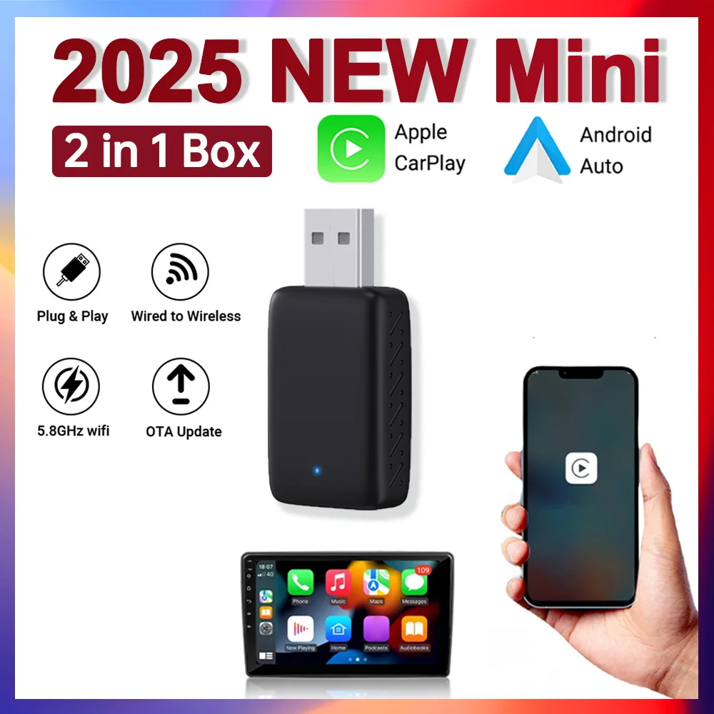 Nowy 2w1 Mini CarPlay Box przewodowy do bezprzewodowego CarPlay Android Auto Smart box Uniwersalne połączenie Bluetooth WiFi Plug & Play Pasuje do 99% samochodu