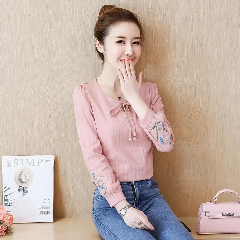 Spring Autumn Fashion Elegance Solid Shirts Casual Loose Korean Style Blouse Korean Style O Neck Long Sleeve Chic Chiffon Tops