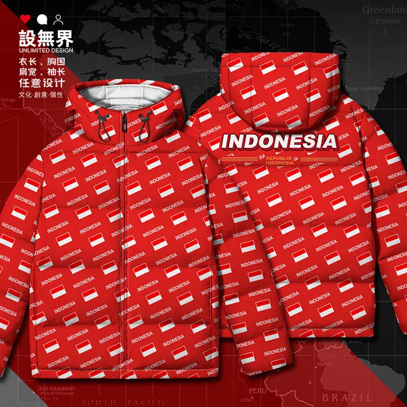 Indonesia Indonesian IDN country flag White duck down Jackets new Casual Hooded jacket Thick Comfortable mens down coat Winter