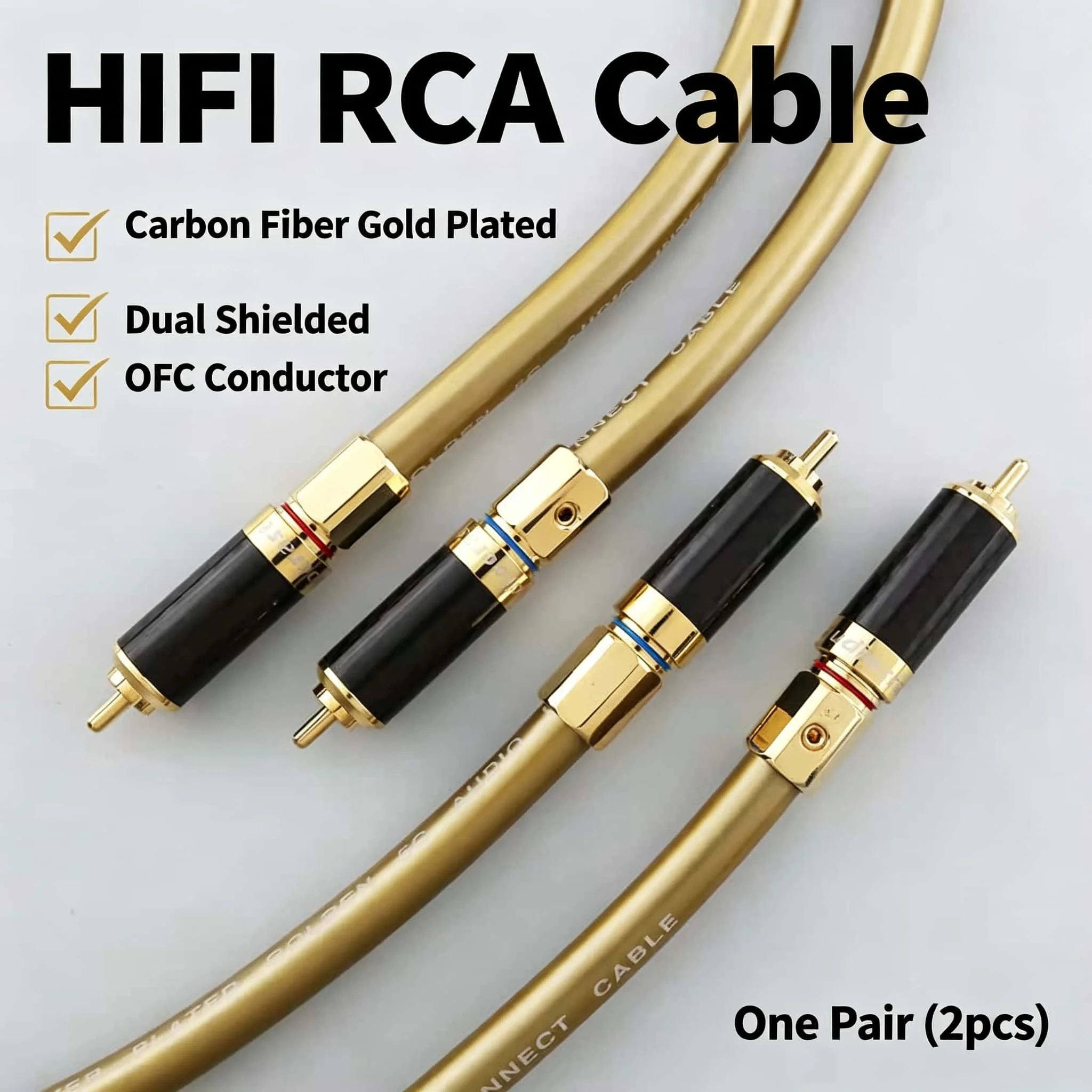 RCA Cable Audiophile HiFi OFC Carbon Fiber Gold Plated Shielded Stereo Audio Cable Male to Male for Amplifier CD DAC Turntable